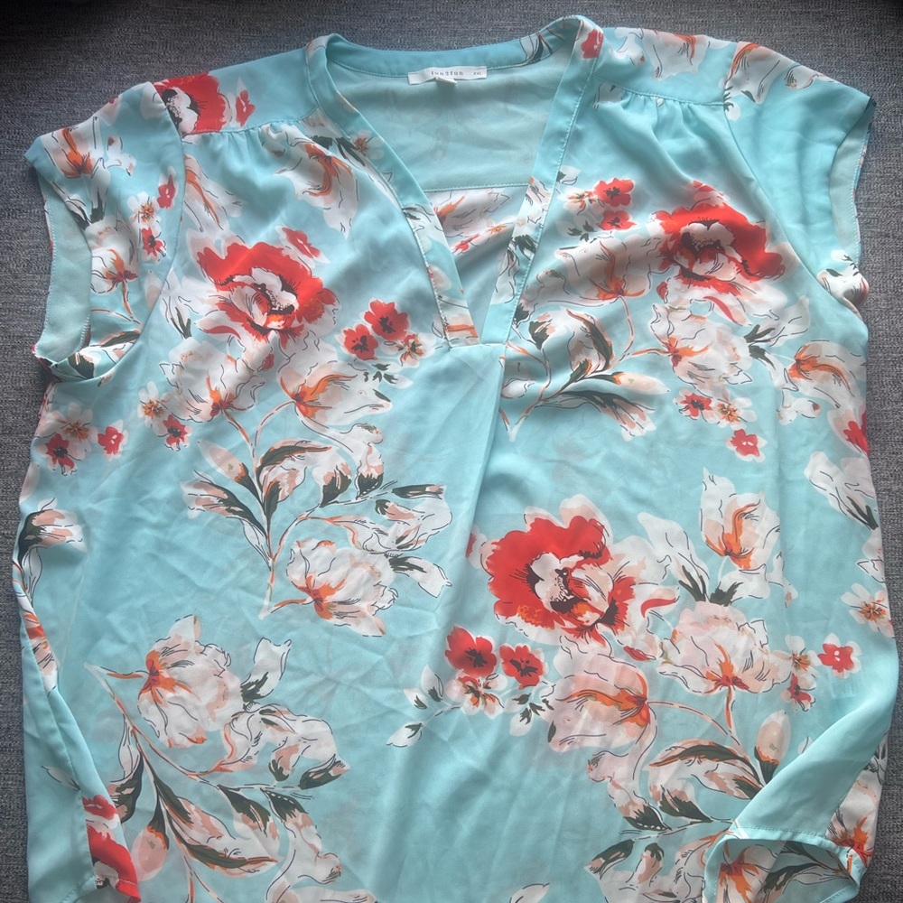 Fun2Fun watercolor blue and red poppy floral sleeveless blouse size XXL.